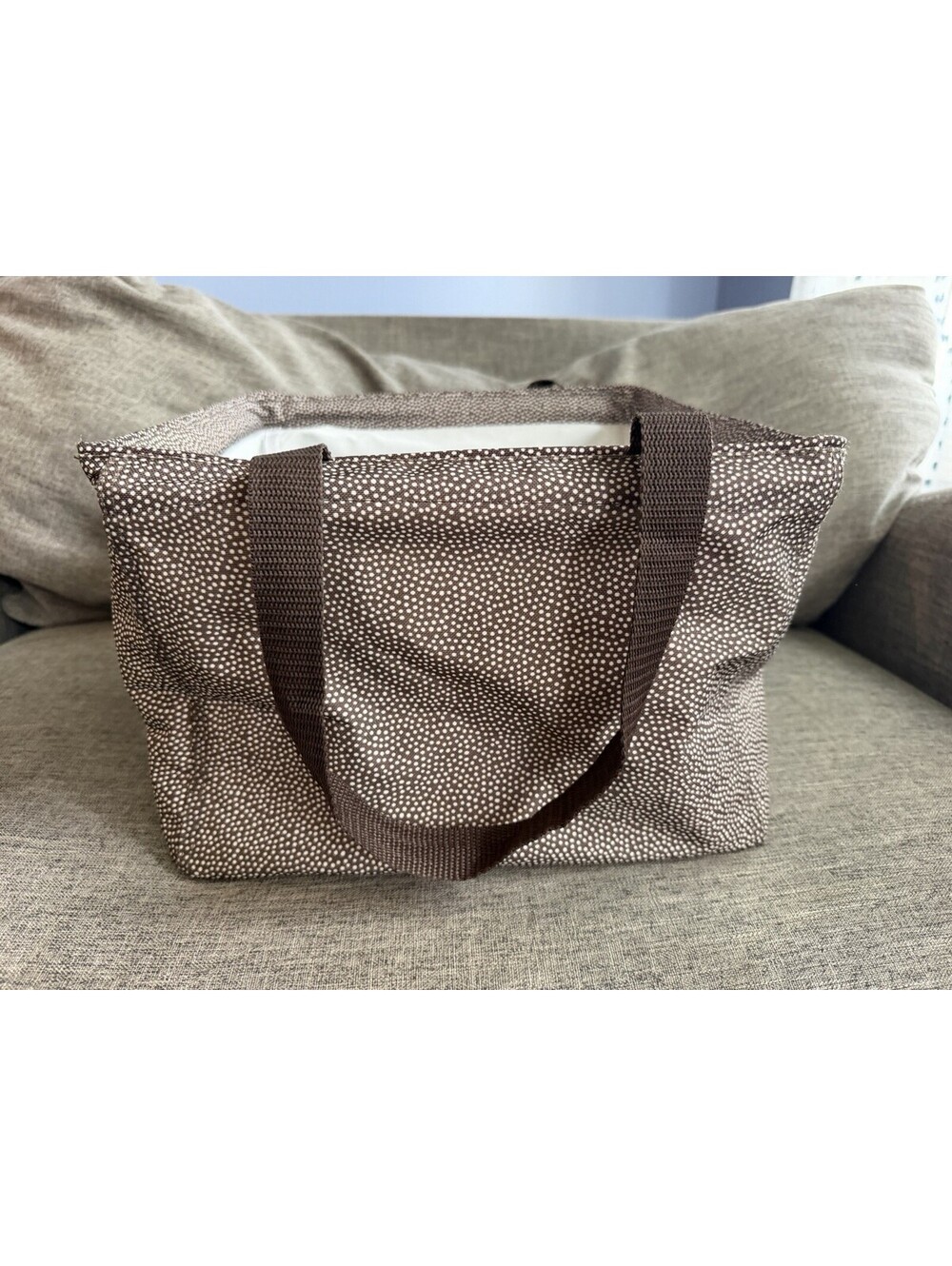 Thirty One Square Utility Tote On Brown Pin Dots 12x8 Double Handles